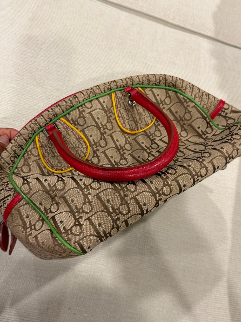 Dior Beige Monogram Satchel with Red Handles and Multicolor Stripe - Picture 3 of 6